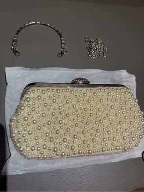 Pearl-Beaded Cream Evening Clutch